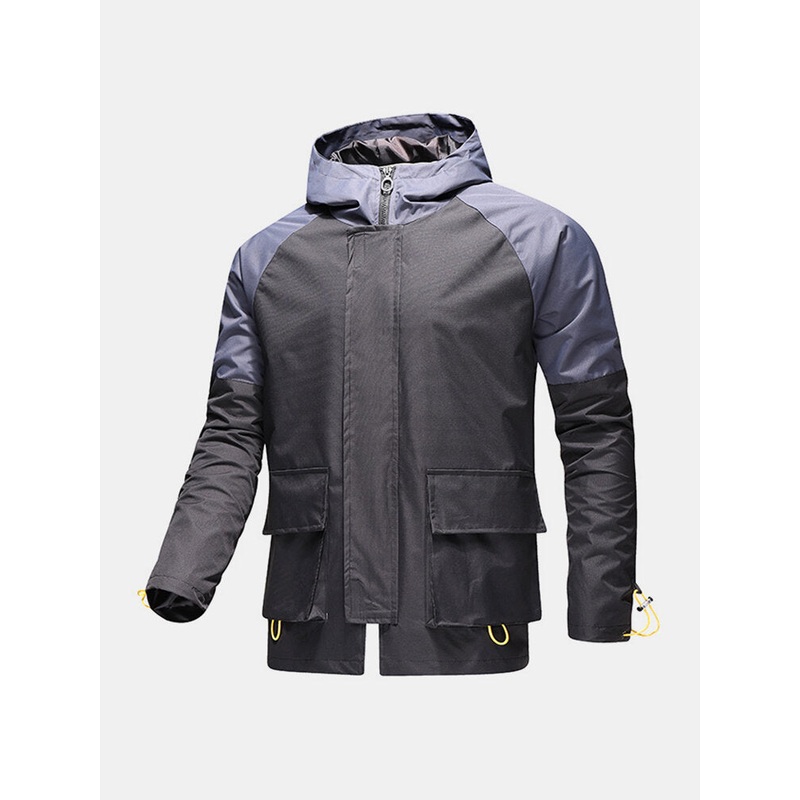 Mens Contrast Patchwork Zip Front Waterproof Drawstring Cuff Hooded Outdoors Jackets
