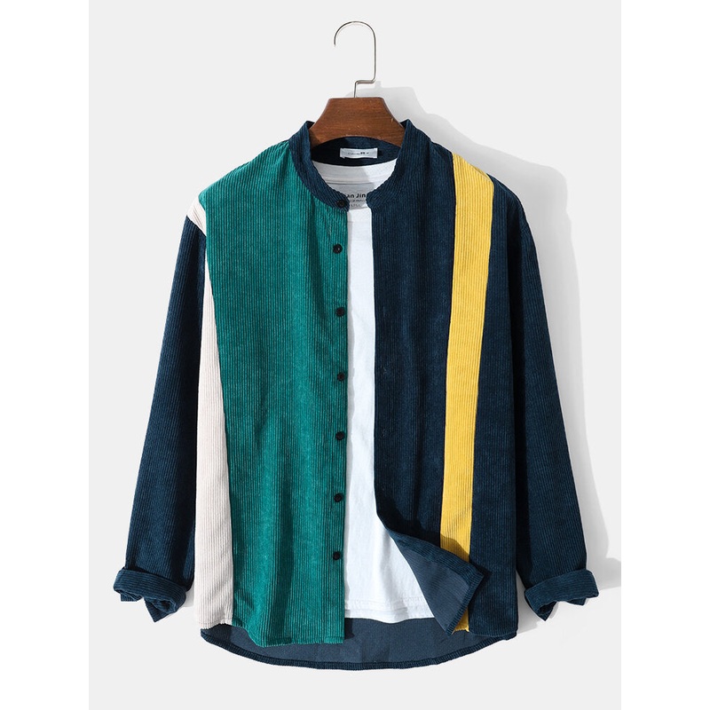 Mens Corduroy Grandad Collar Casual Long Sleeve Shirts