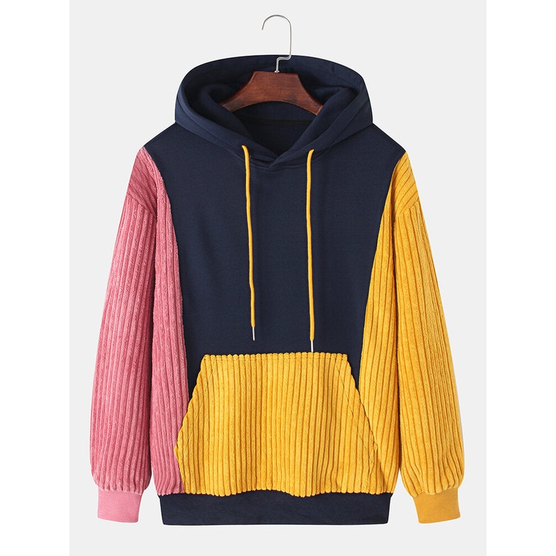 Mens Corduroy Patchwork Kangaroo Pocket Long Sleeve Design Hoodies