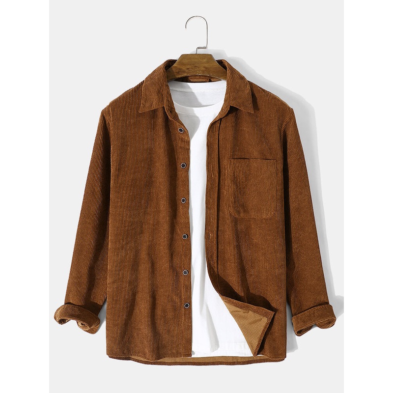 Mens Corduroy Solid Basic Button Pocket Casual Shirt