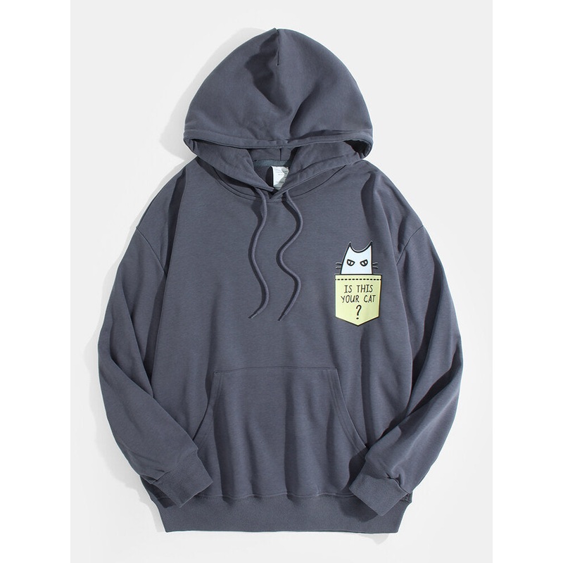 Mens Cotton Cartoon Cat & Slogan Print Hoodie With Kangaroo Pocket
