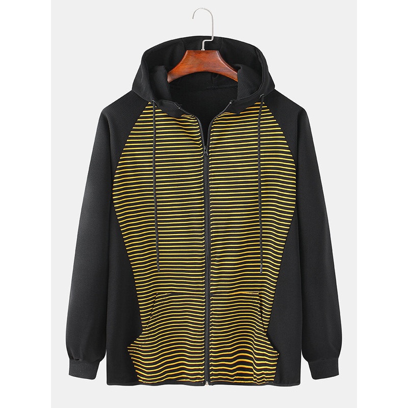 Mens Cotton Contrast Stripe Patchwork Casual Drawstring Hooded Cardigans