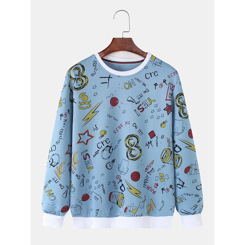 Mens Cotton Cute Graffiti Print Pullover Round Neck  Long Sleeve Casual Sweatshirts