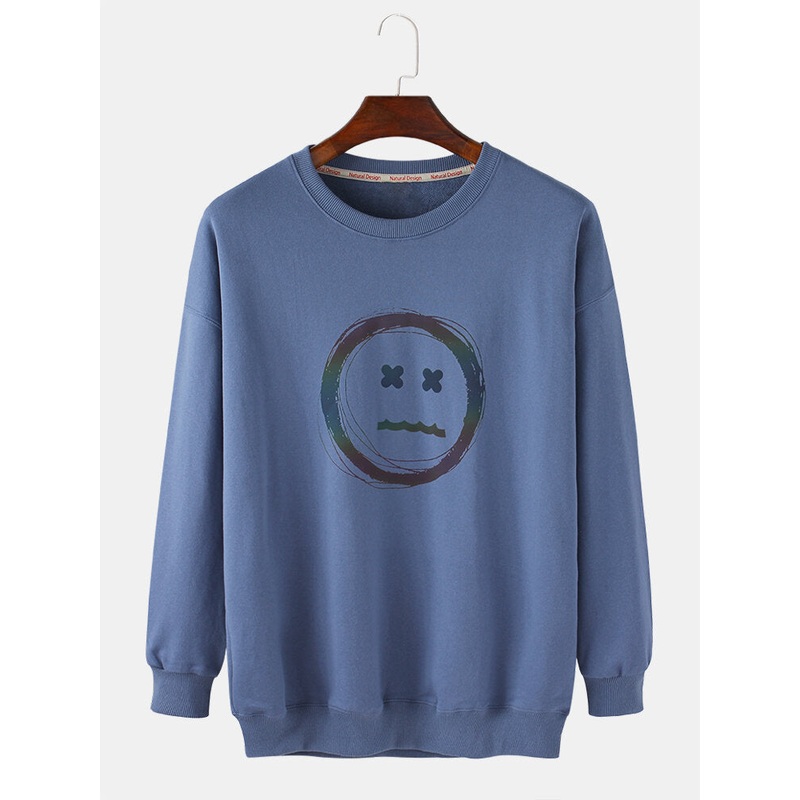 Mens Cotton Emojis Reflective Print Long Sleeve Drop Shoulder Sweatshirts
