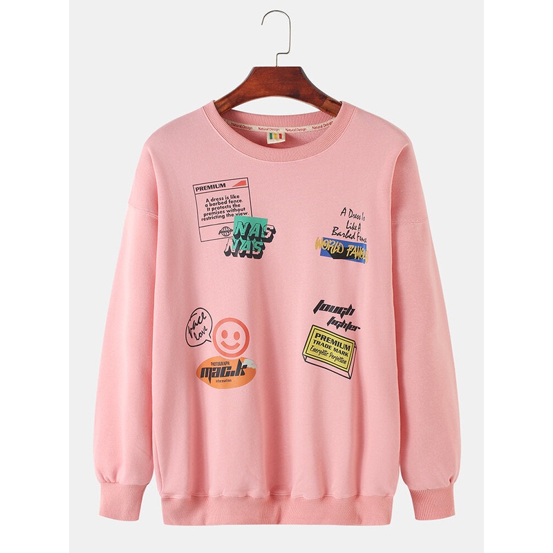 Mens Cotton Graffiti Print Round Neck Pullover Drop Shoulder Casual Sweatshirts