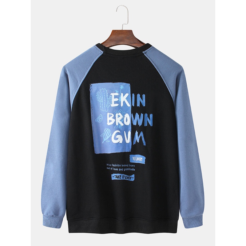 Mens Cotton Letter Print Cactus Graffiti Pullover Raglan Sleeves Sweatshirts