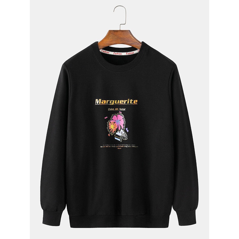 Mens Cotton Letter Slogan Flower Printed Loose Fit Crew Neck Pullover Sweatshirts