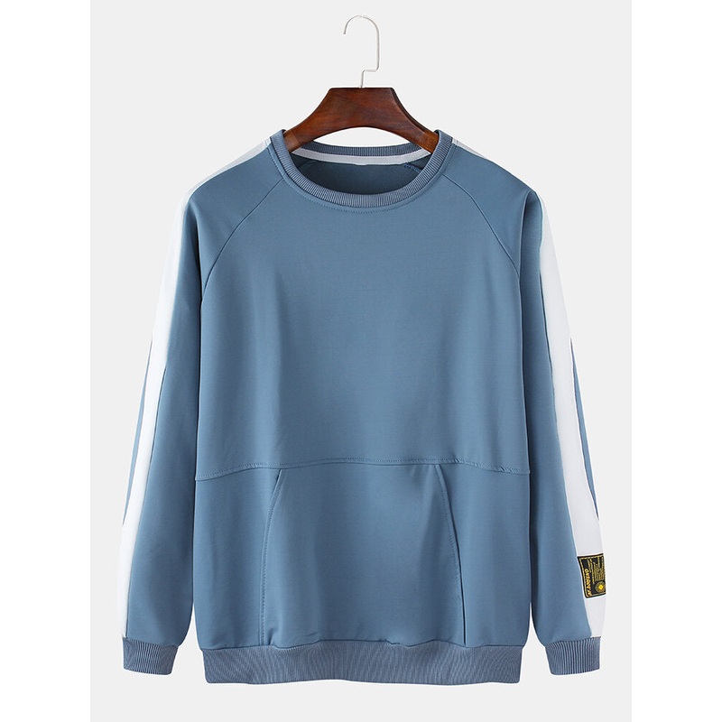 Mens Cotton Side Stripe Applique Crew Neck Raglan Sleeve Pouch Pocket Sweatshirts