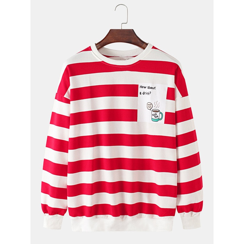Mens Cotton Stripe & Letter Print Print Pullover Drop Shoulder Long Sleeve Sweatshirts