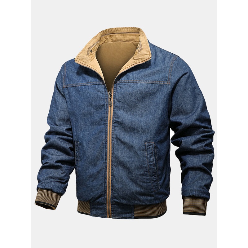 Mens Cotton Zip Front Lapel Collar Denim Double-Faced Jackets