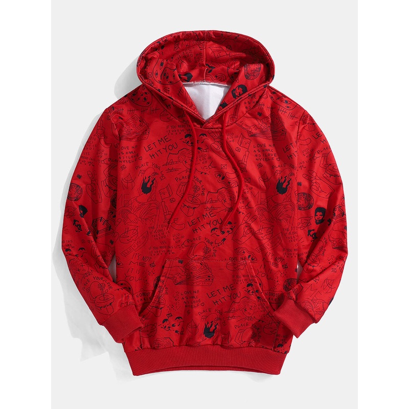 Mens Cute Cartoon Graffiti Print Long Sleeve Red Hoodies With Kangaroo Pocket