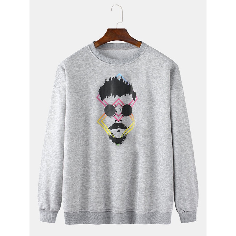 Mens Deisgn Figure Face Print Pullover Cotton Drop Shoulder Long Sleeve Cotton Sweatshirts
