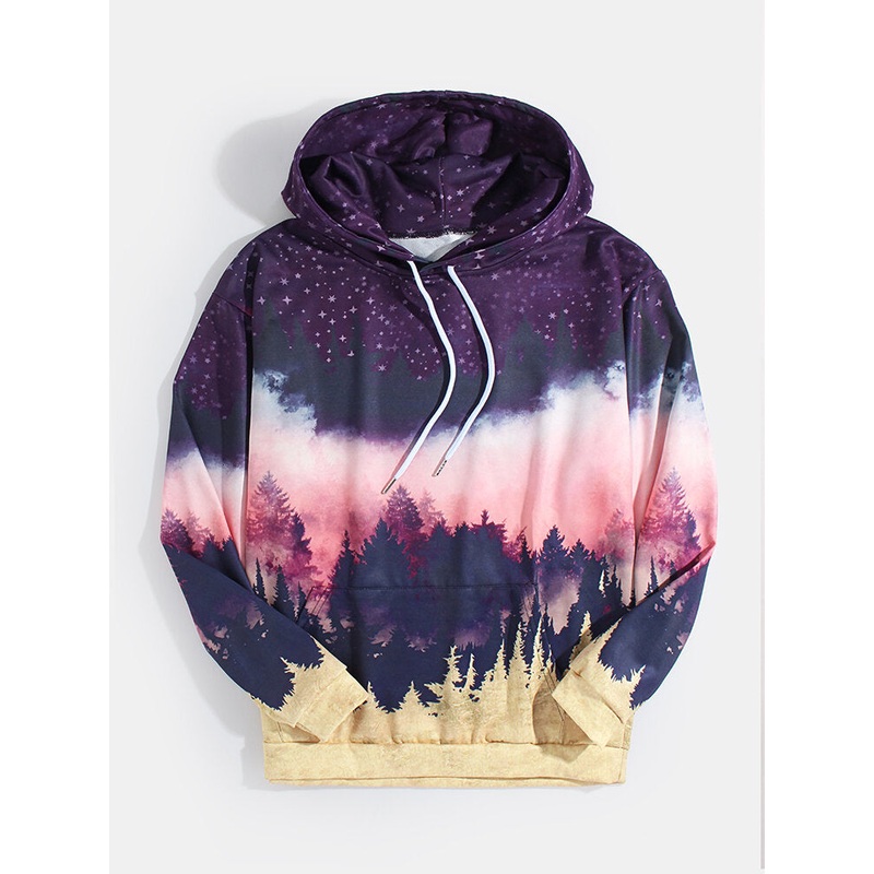 Mens Design Landscape Print Long Sleeve Drawstring Hoodies