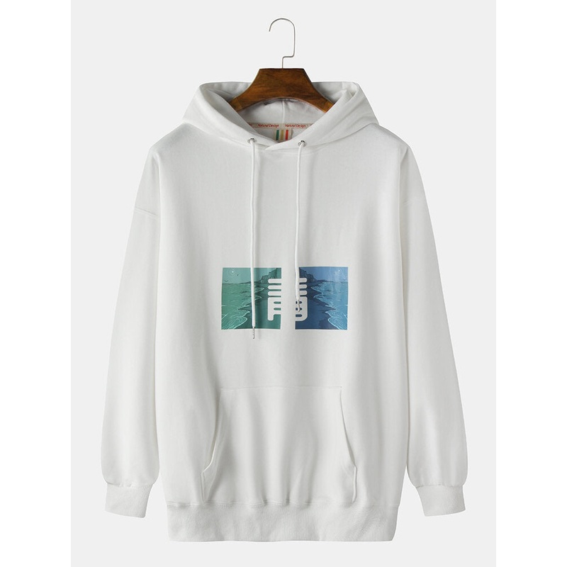 Mens Design Print Long Sleeve Drop Shoulder Kangaroo Pocket Drawstring Hoodies