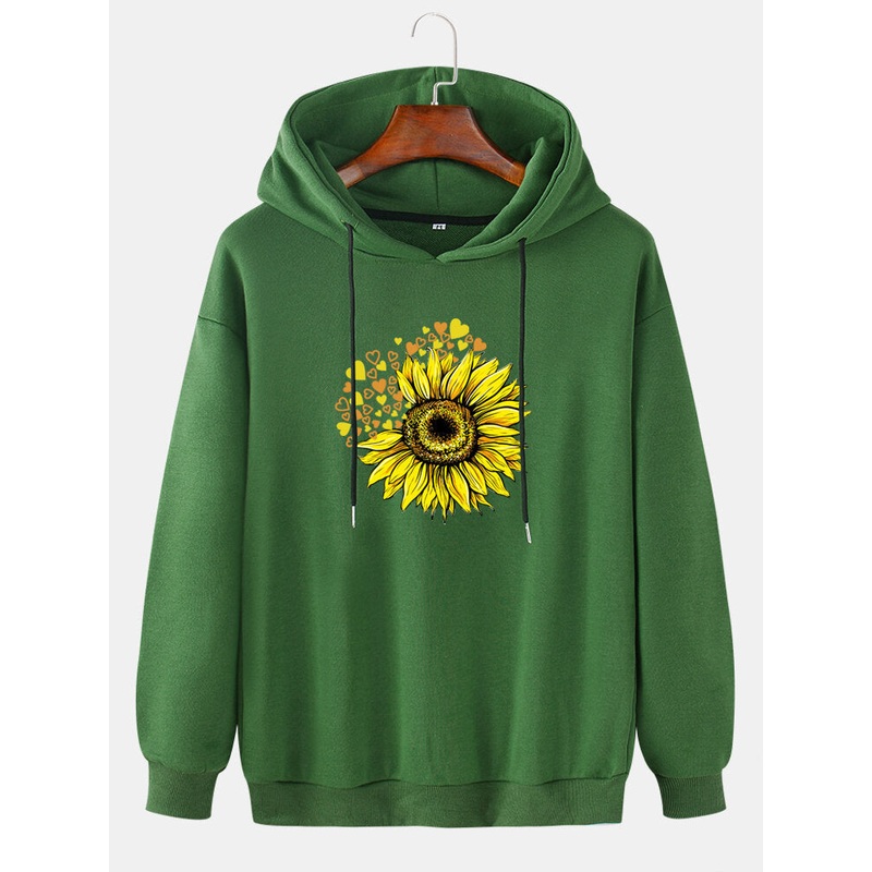 Mens Design Sunflower Print Drop Shoulder Cotton Long Sleeve Casual Hoodies