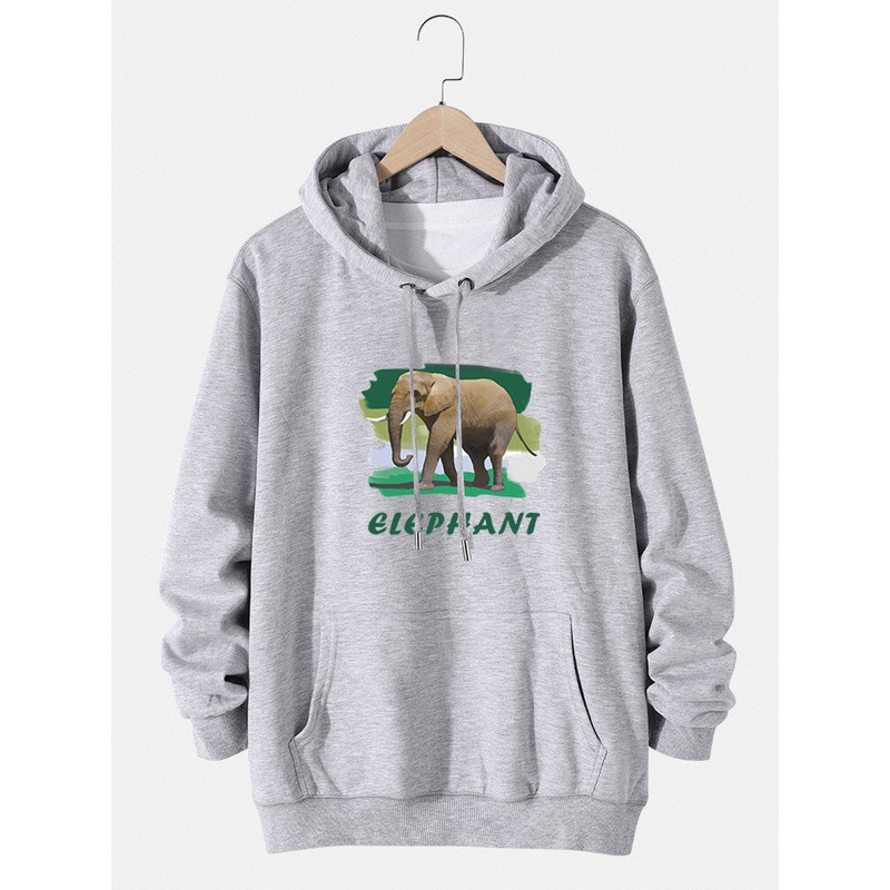 Mens Elephant Letter Graphic Cotton Drawstring Hoodies With Pouch Pocket