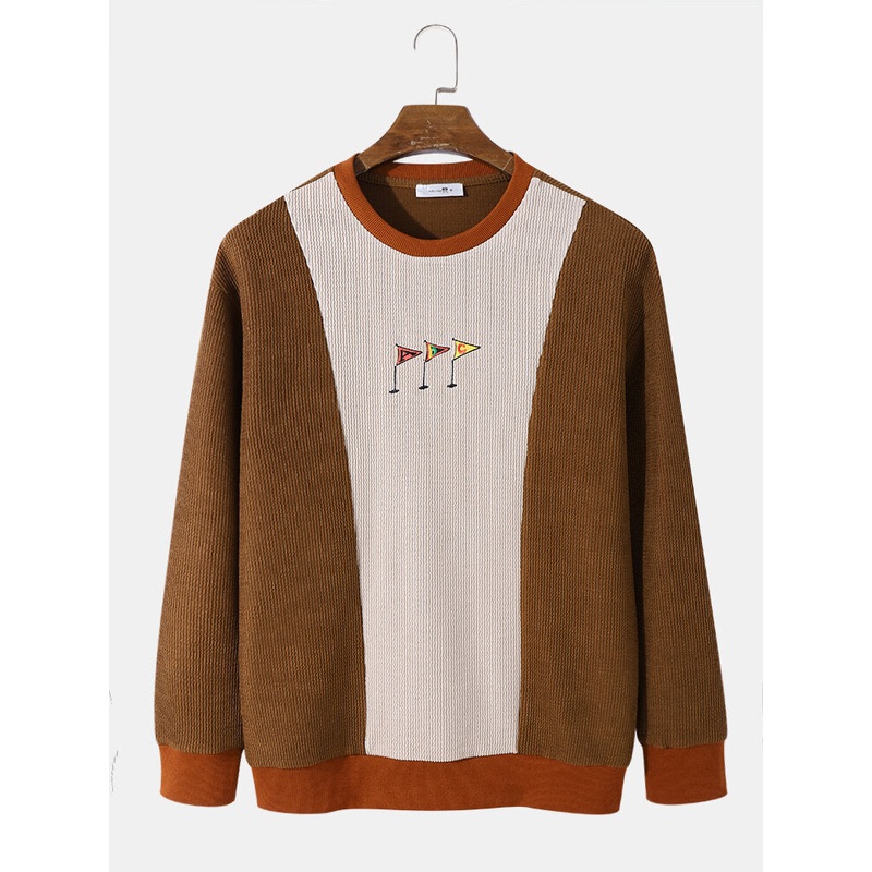 Mens Embroidery Flag Pattern Splicing Khaki Sweatshirt