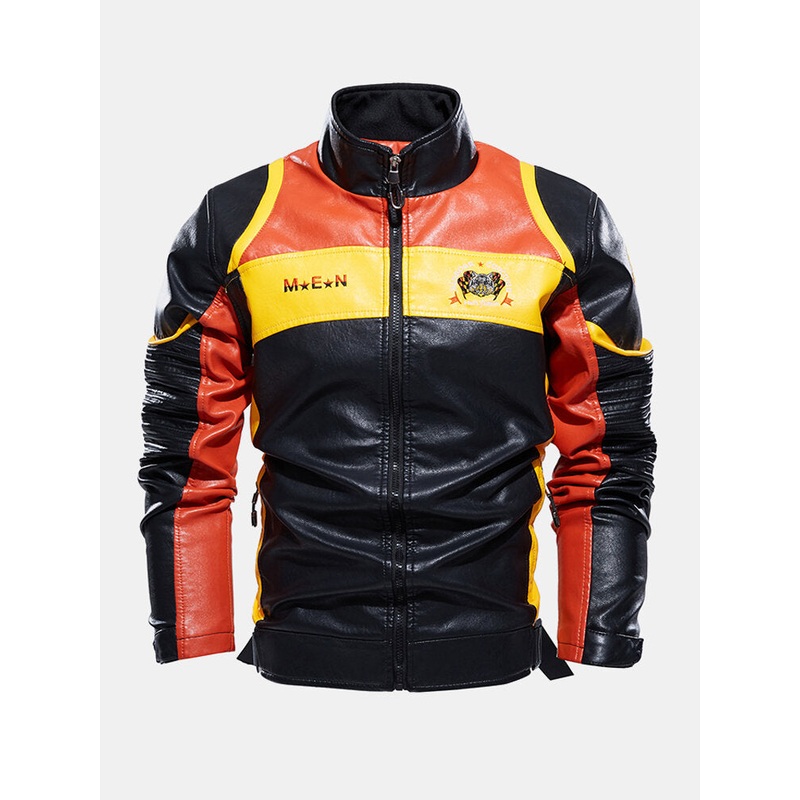 Mens Embroidery Patchwork PU Leather Motorcycle Long Sleeve Jacket