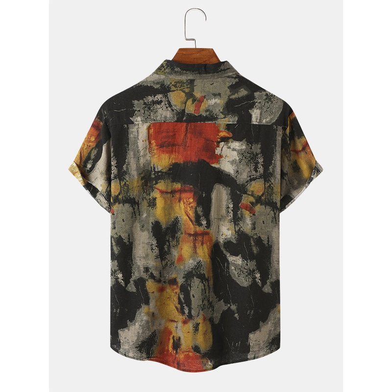 Mens Ethnic Ink Wash Painting Front Buttons Short Sleeve Shirts