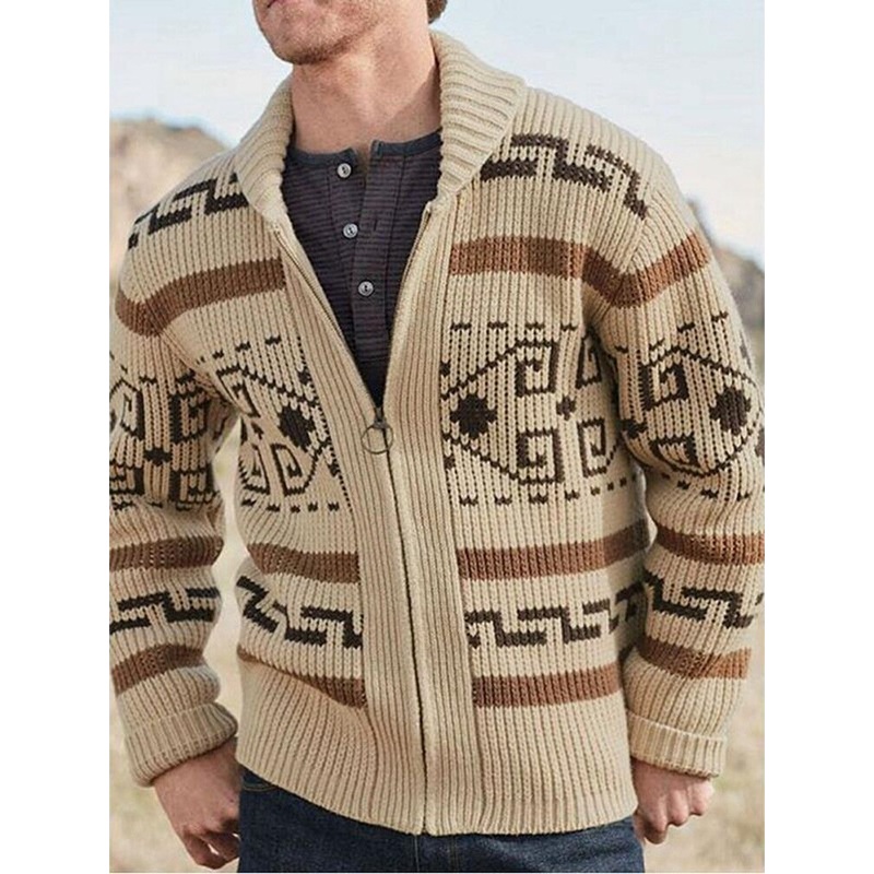 Mens Ethnic Print Zipper Knitted Casual Slim Fit Long Sleeve Cardigan Sweater