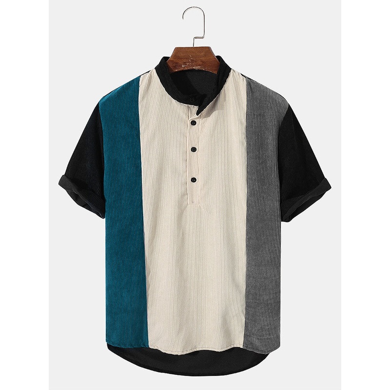 Mens Fashion Corduroy Buttons Stand Collar Casual Shirts