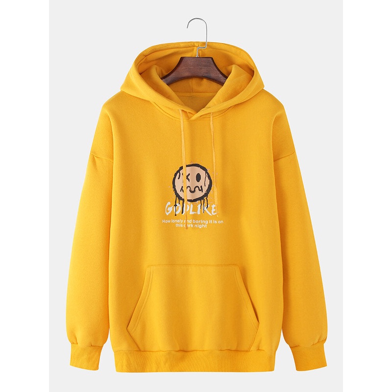 Mens Funny Emojis Letter Print Drawstring Hoodies With Kangaroo Pocket