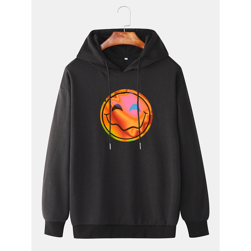 Mens Funny Flame Smile Emojis Print Drawstring Casual Pullover Hoodie