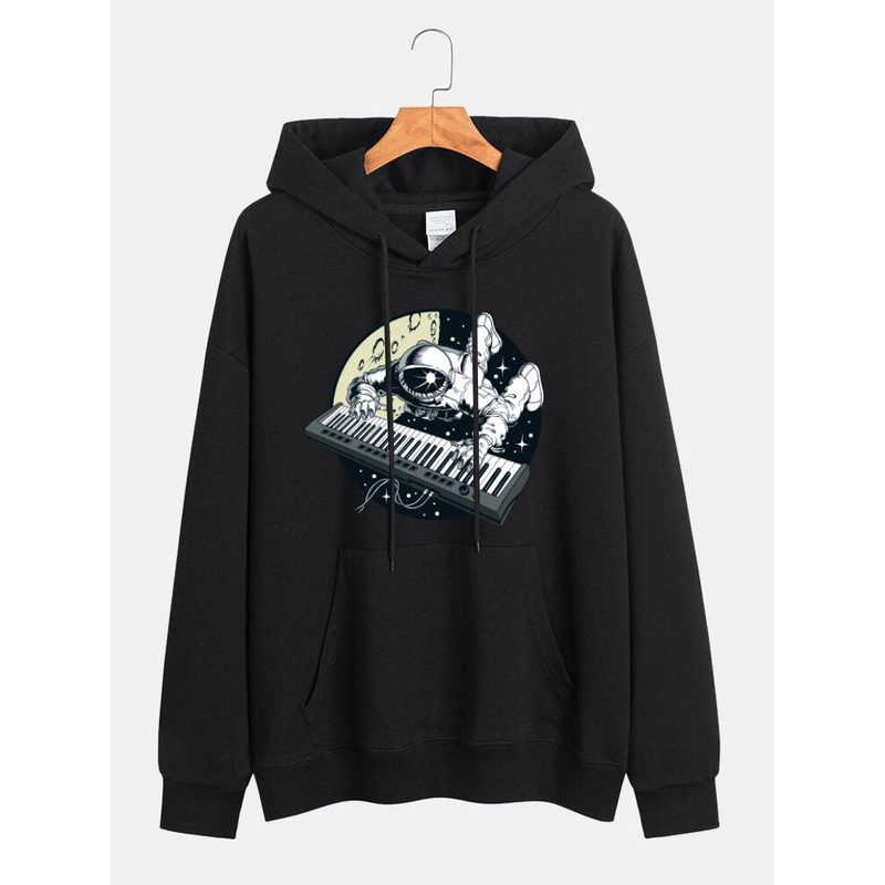 Mens Graphic Astronaut Print Casual Drawstring Hoodies With Pocket