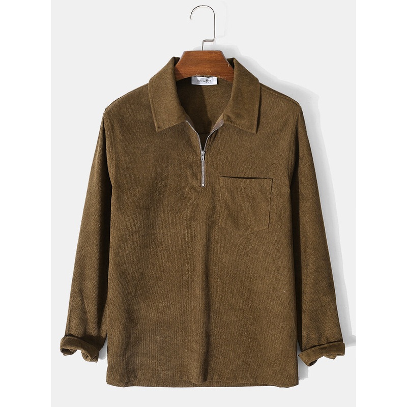 Mens Half-Zipper Pocket Pullover Corduroy Shirt