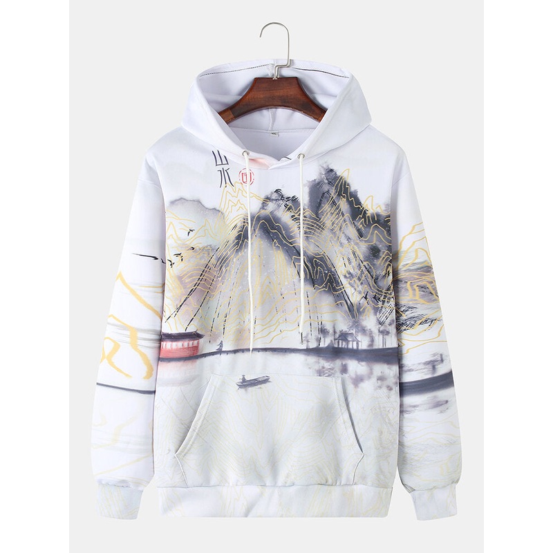 Mens Ink Painting Print Chinoiserie Long Sleeve Warm Hoodies