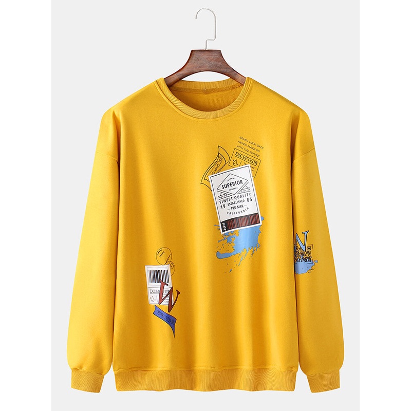 Mens Label Print Drop Shoulder Round Neck Pullover Casual Sweatshirts