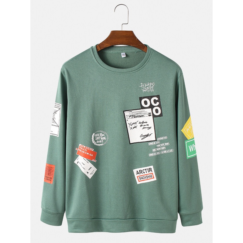 Mens Label Print Round Neck Pullover Casual Long Sleeve Sweatshirts