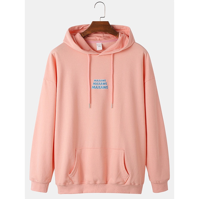 Mens Letter Back Print Solid Color Cotton Casual Loose Drawstring Hoodies With Muff Pocket