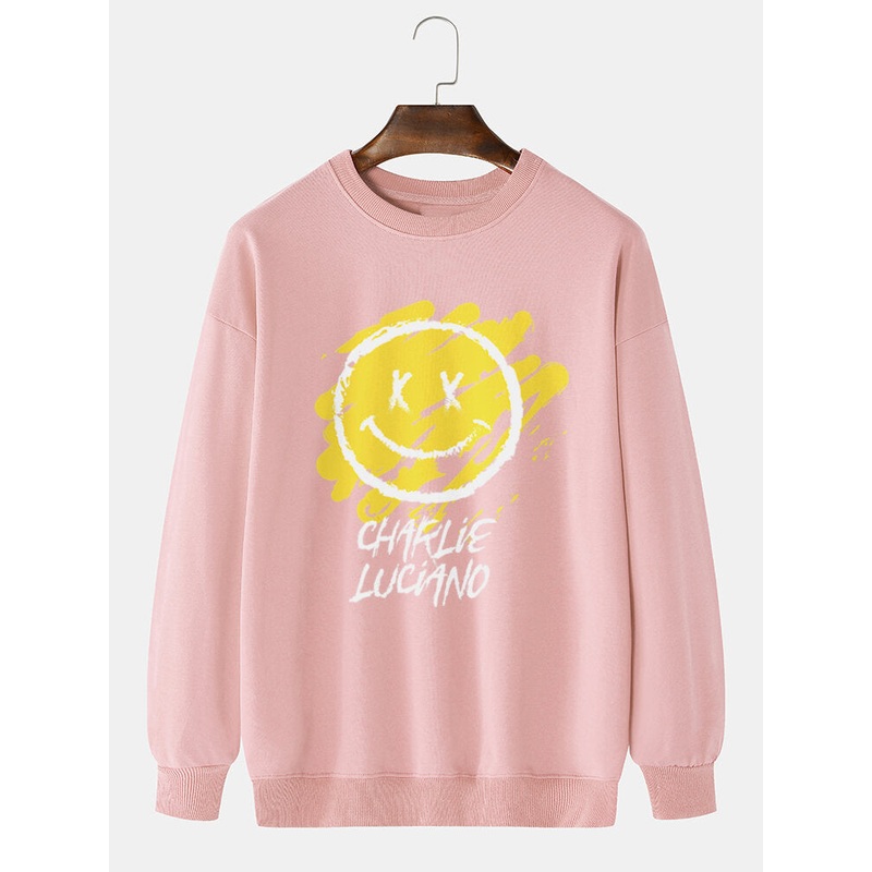 Mens Letter & Graffiti Smile Print Pullover Cotton Long Sleeve Sweatshirts