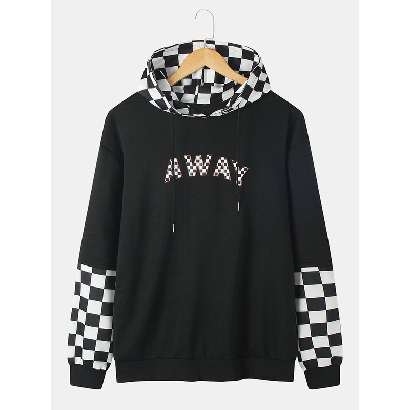 Mens Letter Patchwork Check Faux Twinset Long Sleeve Black Hoodies