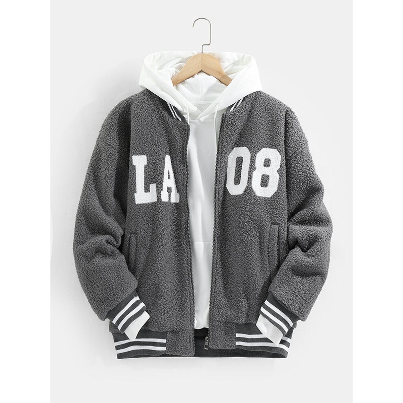 Mens Letter Pattern Zipper Baseball Collar Drop Shoulder Teddy Jacket With Pocket