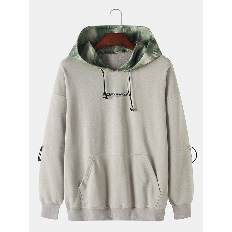 Mens Letter Printed Cotton Drop Sleeve Loose Pouch Pocket Drawstring Hoodies
