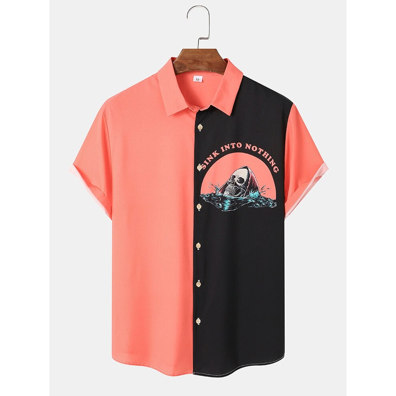 Mens Letter Skull Print Contrast Patchwork Loose Short Sleeve Shirts