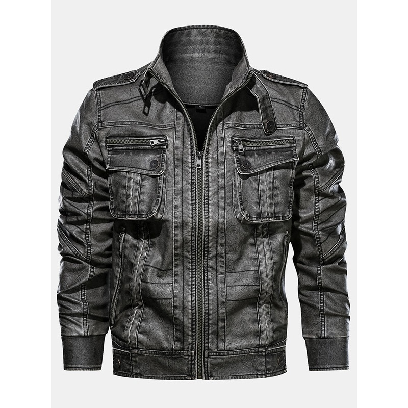 Mens Multi-Pocket Stand Collar PU Leather Vintage Jacket