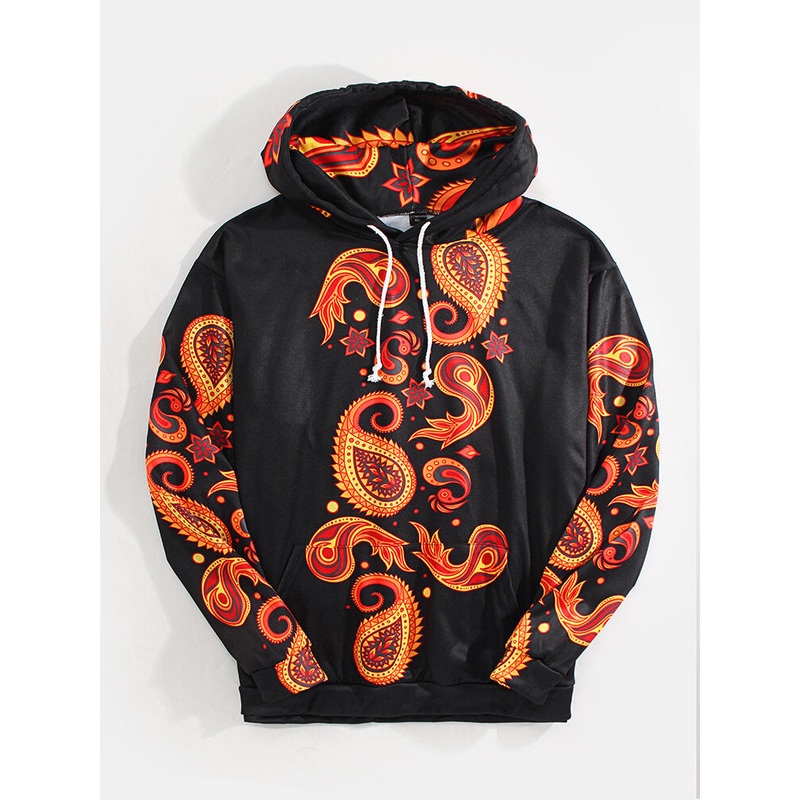 Mens Paisley Print Kangaroo Pocket Ethnic Style Black Long Sleeve Hoodies
