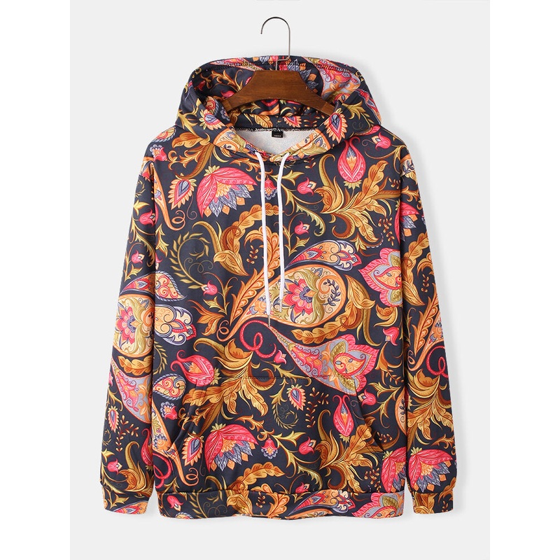 Mens Paisley Print Kangaroo Pocket Long Sleeve Hoodies