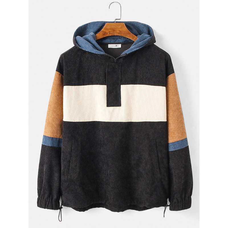 Mens Patchwork Corduroy Drop Shoulder Casual Hoodies With Pocket