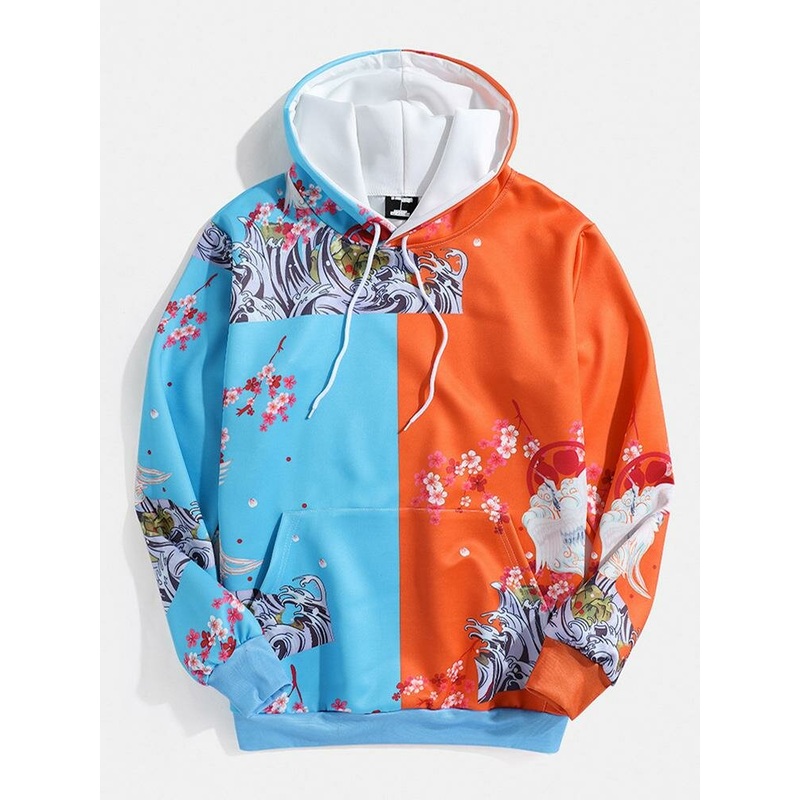 Mens Patchwork Landscape Print Kangaroo Pocket Hoodies