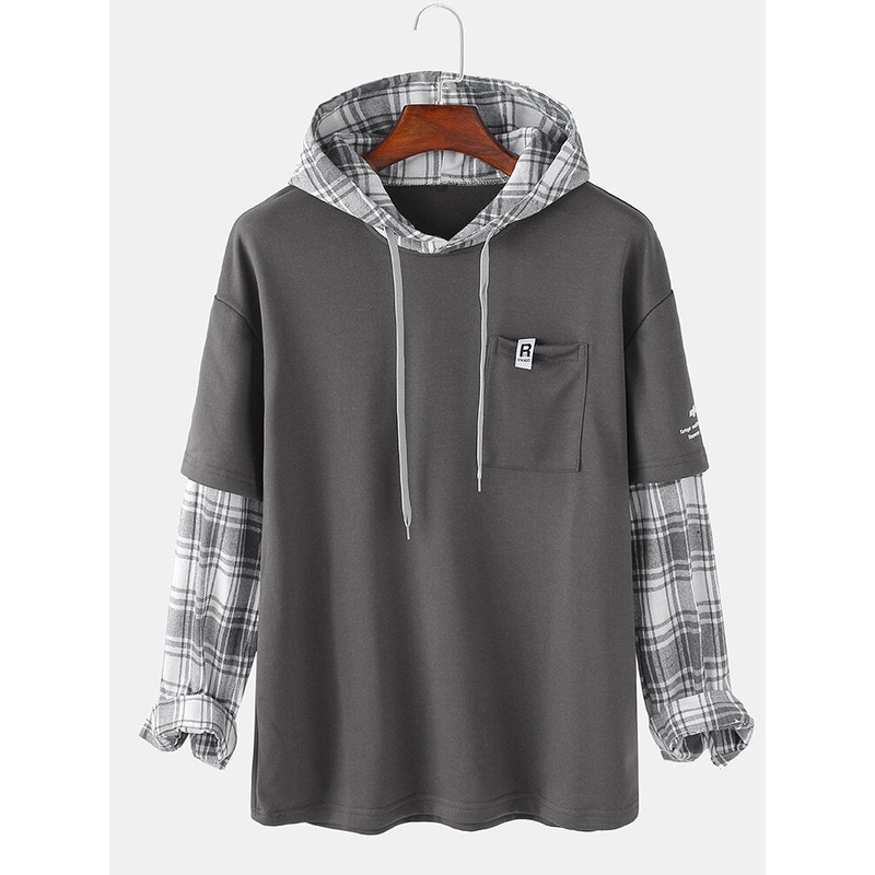 Mens Patchwork Plaid Contrast Faux Twinset Casual Drawstring Hoodies With Pocket