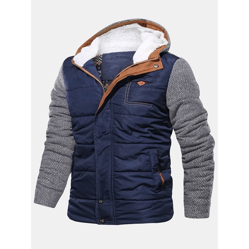 Mens Patchwork Thicken Zipper Long Sleeve Hooded Coats With Pocket