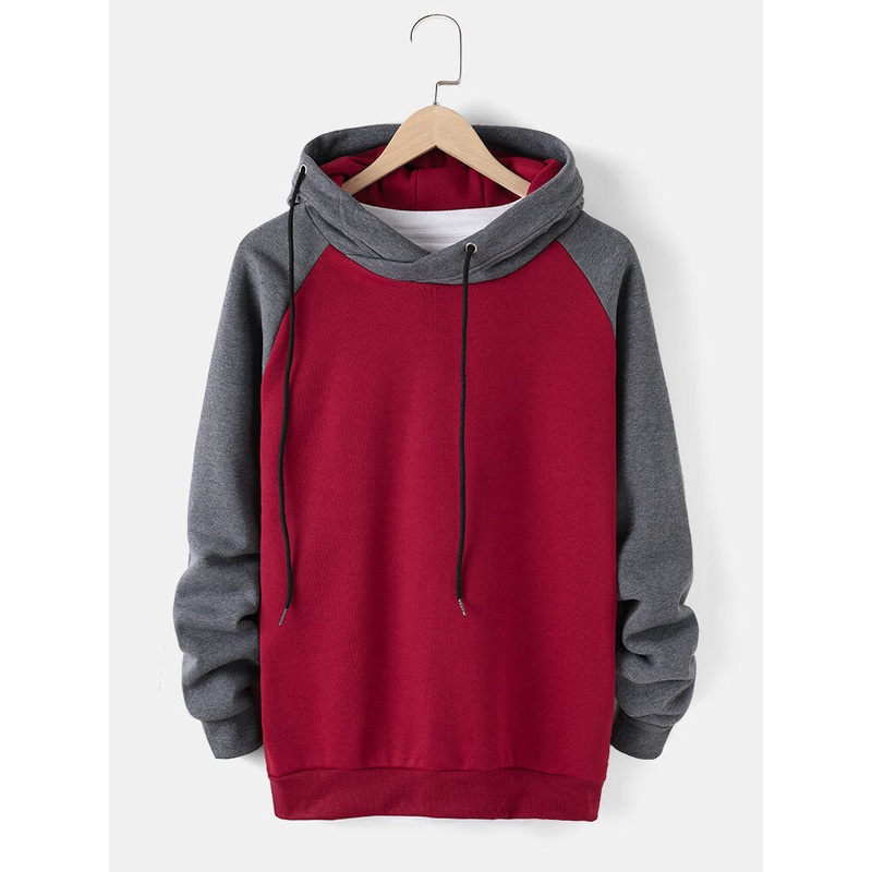 Mens Patchwork Two Tone Cotton Raglan Sleeve Drawstring Hoodie