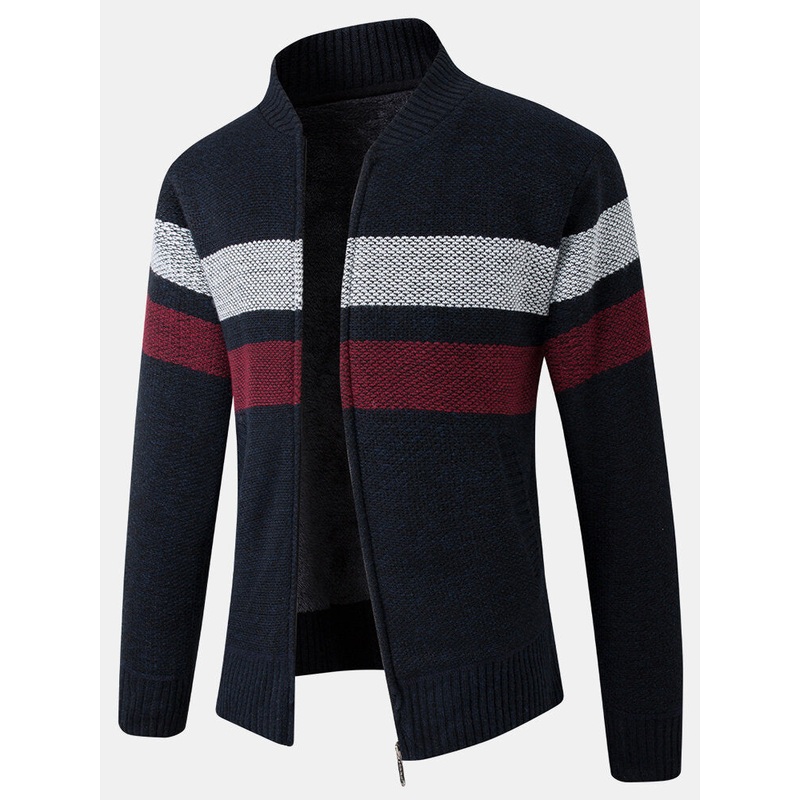Mens Patchwork Zip Front Rib-Knit Plush Lined Cotton Cardigans With Pocket