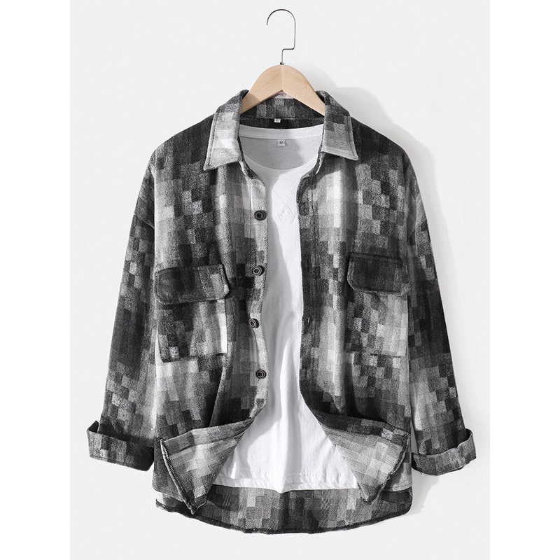 Mens Plaid Button Up Lapel Cotton Double Pocket Loose Overshirt