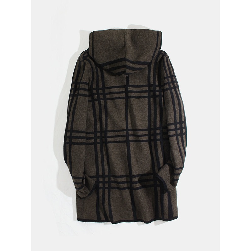 Mens Plaid Open Front Long Sleeve Pockets Knitted Cardigans