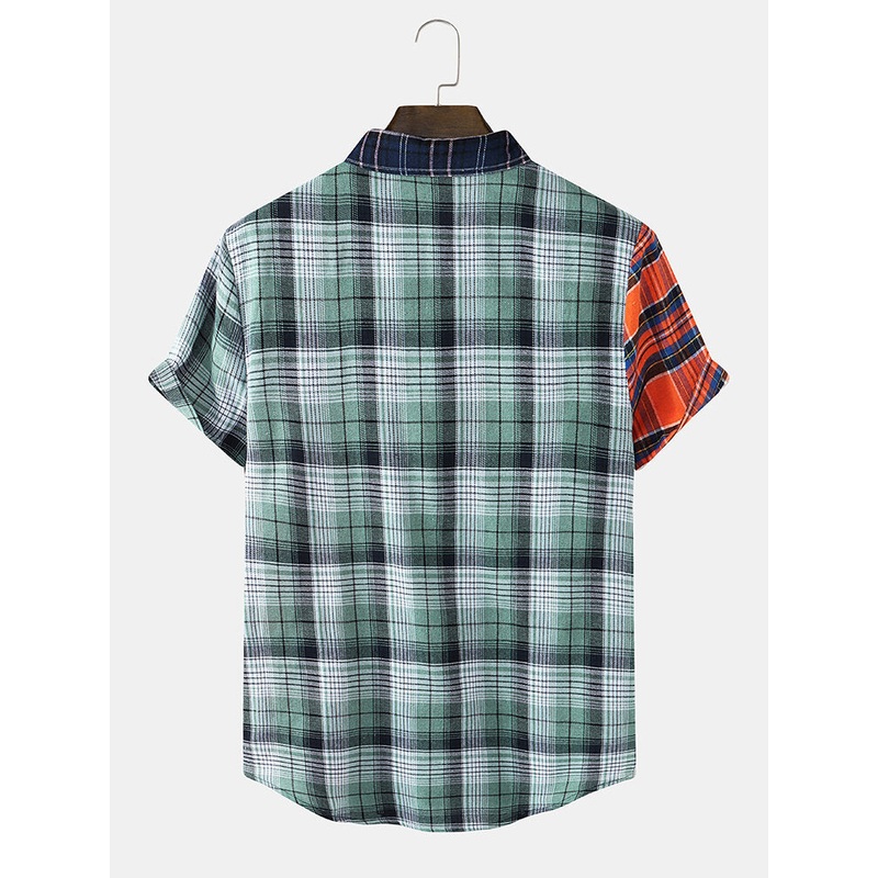 Mens Plaid Patchwork Lapel Button Up Casual Short Sleeve Shirts